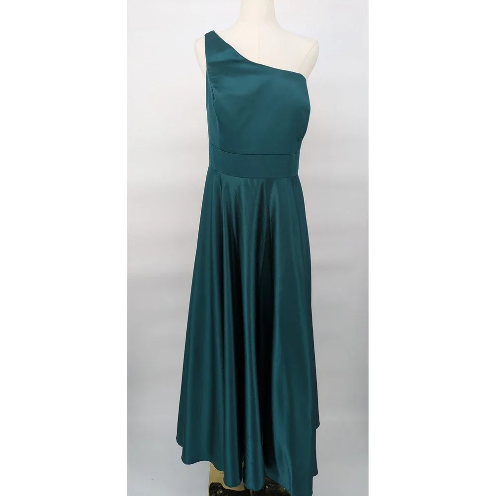 Jules & Cleo Dress Women 20 Emerald Green One Shoulder Rhinestone Satin Gown - Picture 2 of 16